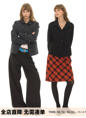 UNRETRO 【双面穿】复古灯芯绒黑色小版型上衣女春秋夹克格纹外套