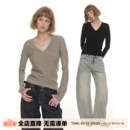 UNRETRO羊毛混纺V领针织衫女秋冬修身百搭打底衫黑色气质长袖上衣