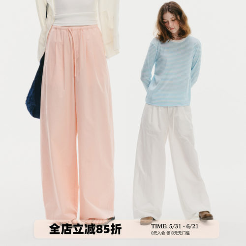 UNRETRO纯棉系带中高腰休闲裤