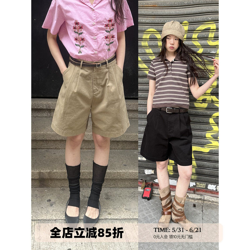 UNRETRO复古基础款水洗纯棉百慕大短裤女夏小个子工装休闲五分裤