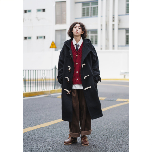 UNRETRO二胖工作室 加厚小个子黑色毛呢外套 复古牛角扣大衣女冬季