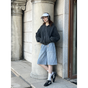 清仓 开衫 UNRETRO 复古重磅砂洗做旧连帽卫衣女短款 外套 美式