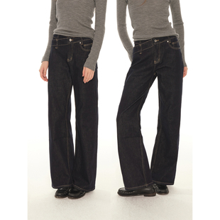 宽松直筒复古休闲裤 UNRETRO 蓝色美式 女秋冬季 交叉腰头原色牛仔裤