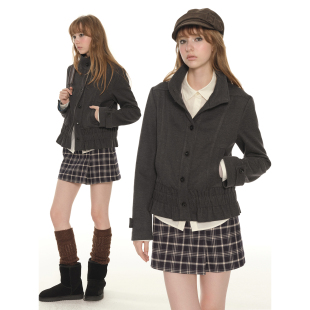 复古立领正肩修身 小西装 收腰毛呢大衣女冬季 短款 外套 新款 UNRETRO