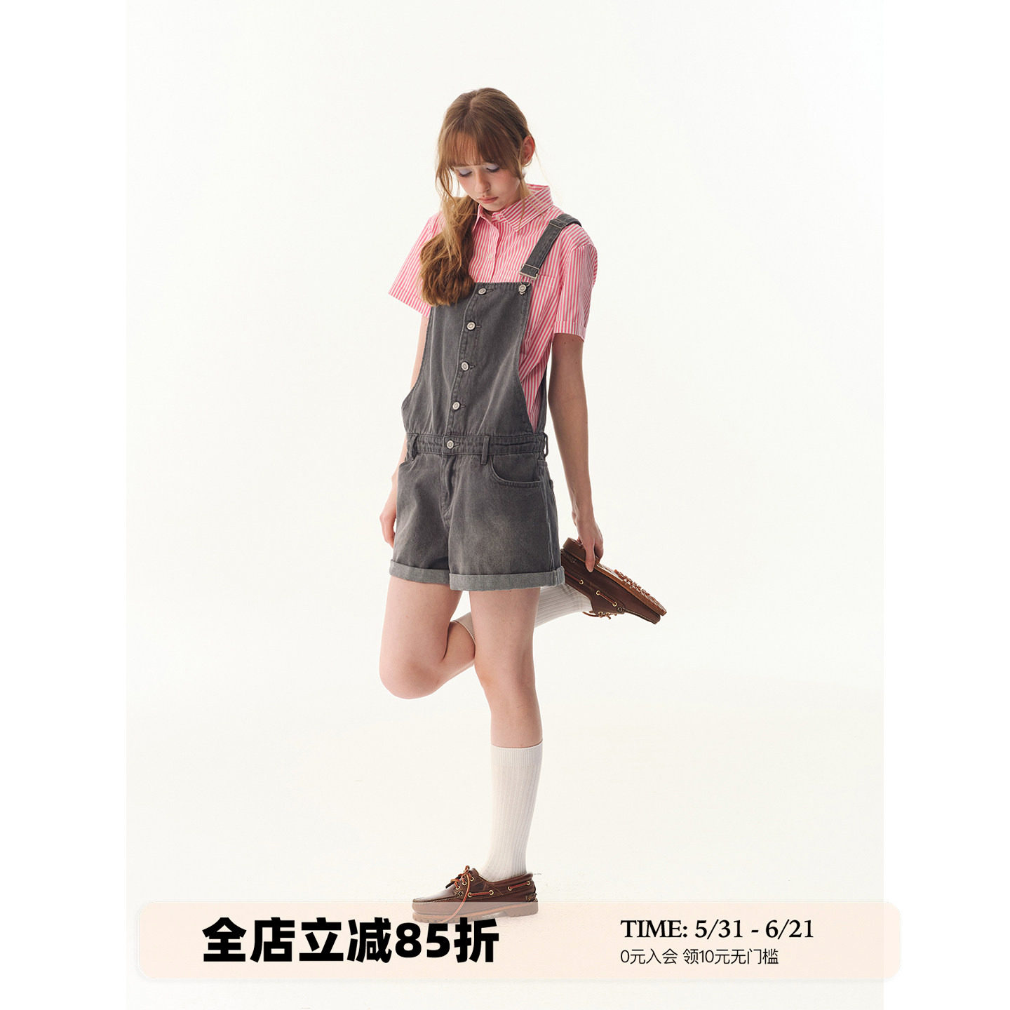 UNRETRO 裤脚卷边设计复古做旧牛仔背带短裤女小个子工装连体裤