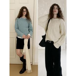 复古慵懒感圆领麻花毛衣女短款 UNRETRO冬季 套头针织衫 清仓