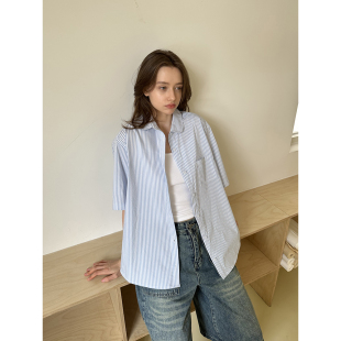 衬衫 甜酷少女复古娃娃领条纹短袖 UNRTTRO 女叠穿衬衣 清仓