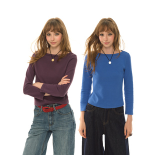 显瘦打底衫 T恤女辣妹风修身 内搭 复古精梳棉船领九分袖 UNRETRO美式