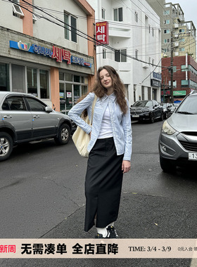 UNRETRO 美式蓝色条纹长袖衬衫女春秋小个子衬衣复古修身内搭上衣