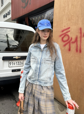 UNRETRO 甜酷做旧牛仔外套女春秋复古小个子夹克浅色修身长袖上衣