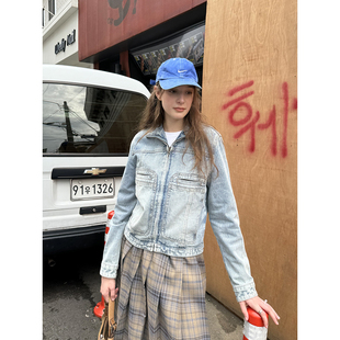 UNRETRO 甜酷做旧牛仔外套女春秋复古小个子夹克浅色修身长袖上衣
