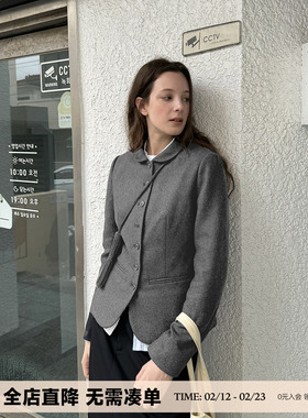 UNRETRO 羊毛混纺/短款娃娃领西装外套女秋冬款修身收腰西服上衣