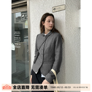 UNRETRO 羊毛混纺/短款娃娃领西装外套女秋冬款修身收腰西服上衣