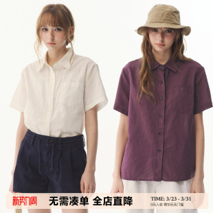 衬衫 基础宽松短袖 女小个子百搭休闲上衣 苎麻棉混纺夏季 UNRETRO