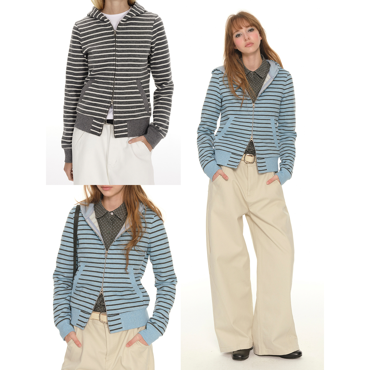 UNRETRO条纹连帽卫衣女冬季加绒