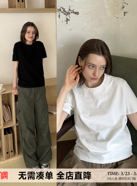 UNRETRO  250G爽滑棉美式基础款纯色短袖T恤男女圆领白色打底上衣