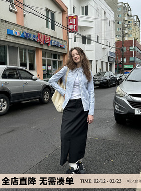 UNRETRO 美式蓝色条纹长袖衬衫女春秋小个子衬衣复古修身内搭上衣