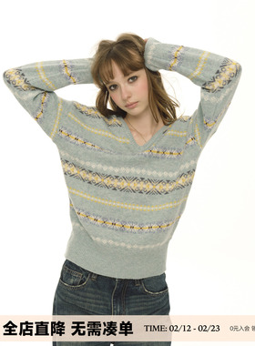 UNRETRO羊毛混纺/复古绿色宽松慵懒毛衫费尔岛提花内搭针织毛衣女