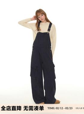 UNRETRO二胖工作室 复古牛仔背带裤女秋冬新款宽松减龄工装连体裤