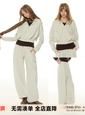 UNRETRO 整套穿搭 巨好看灰色休闲连帽卫衣套装女开衫卫裤两件套