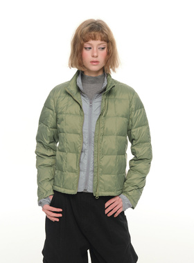 UNRETRO 绿色假两件轻薄短款羽绒服女冬季双层保暖撞色立领外套