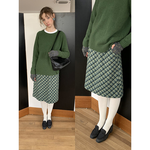法式 羊毛混纺 UNRETRO 复古直筒斜裁格纹毛呢A字半身裙女 清仓