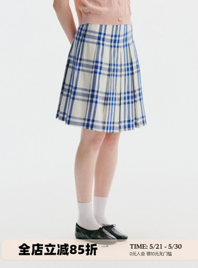 UNRETRO 复古学院风蓝色中腰格纹百褶裙女夏季纯棉宽松A字半身裙