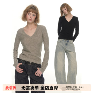 黑色气质长袖 百搭打底衫 上衣 女秋冬修身 UNRETRO羊毛混纺V领针织衫