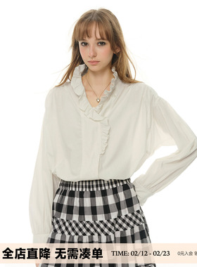 UNRETRO 拉夫美学 白色荷叶边V领衬衫女春季法式宽松长袖纯棉衬衣