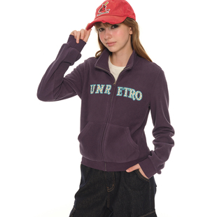 拉链修身 UNRETRO 紫色卫衣女秋冬新款 复古刺绣立领短款 外套 美式