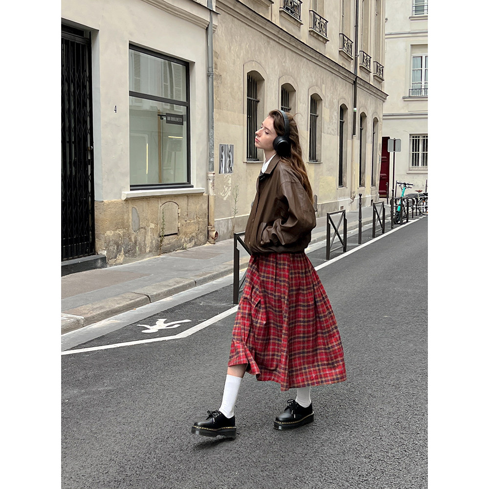 unretro 复古红格纹设计感半身裙女学院风小个子高腰伞裙苏格兰裙