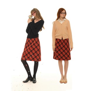 UNRETRO 裙子 复古斜裁红格纹毛呢半身裙女秋冬后开叉直筒中长款