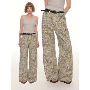 百搭直筒休闲裤 UNRETRO 女冬季 复古水洗豹纹印花弯刀牛仔裤 美式