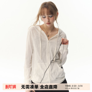 UNRETRO 竹节棉肌理感轻薄透气连帽外套女夏宽松抽绳休闲空调罩衫