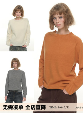 UNRETRO 纯色复古圆领橙色毛衣女秋冬新款保暖慵懒长袖内搭羊毛衫