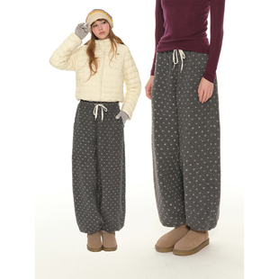 小个子加厚保暖休闲卫裤 UNRETRO 新款 女冬季 复古波点羊羔毛束脚裤