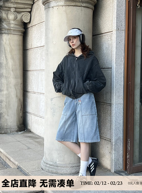 【清仓】UNRETRO 美式复古重磅砂洗做旧连帽卫衣女短款开衫外套