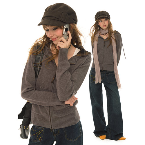 UNRETRO灰色双拉链连帽正肩毛衣