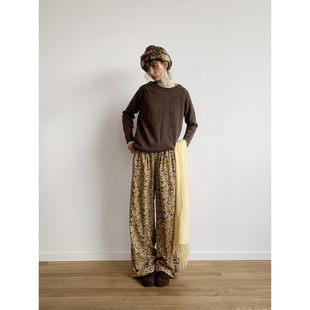 复古直筒垂感灯芯绒碎花阔腿裤 UNRETRO 女松紧腰休闲长裤 清仓