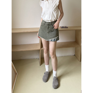 重工毛边复古格纹假两件牛仔半身裙女包臀短裙 UNRETRO 清仓