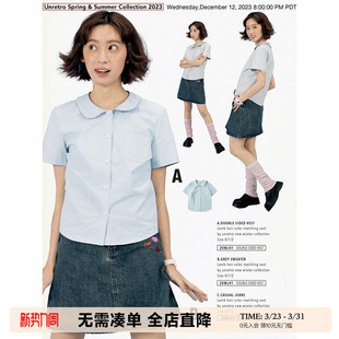 短袖 UNRETRO 日系辣妹小个子修身 女夏季 衬衣 复古多巴胺娃娃领衬衫