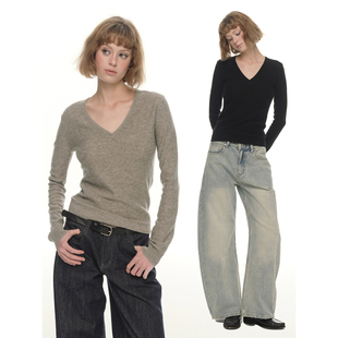 气质长袖 显瘦百搭打底衫 上衣 女秋冬修身 UNRETRO羊毛混纺V领针织衫