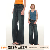 女秋冬做旧高腰显瘦百搭直筒宽松简约拖地裤 UNRETRO 水洗牛仔裤 子
