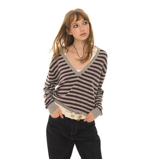 毛衫 女羊毛混纺条纹毛衣秋冬长袖 上衣 复古大V领针织衫 UNRETRO美式