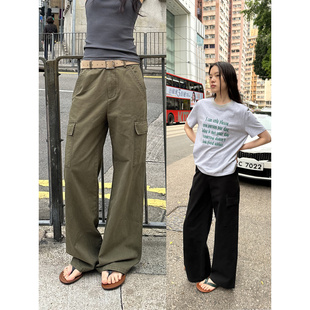 女小个子宽松休闲阔腿裤 UNRETRO 裤 复古多口袋中低腰直筒工装 美式