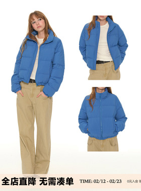UNRETRO 蓝色立领短款羽绒服女冬季新款保暖小个子外套加厚面包服