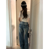 设计感皮牌阔腿裤 宽松显瘦美式 女春秋2026新款 复古水洗直筒牛仔裤