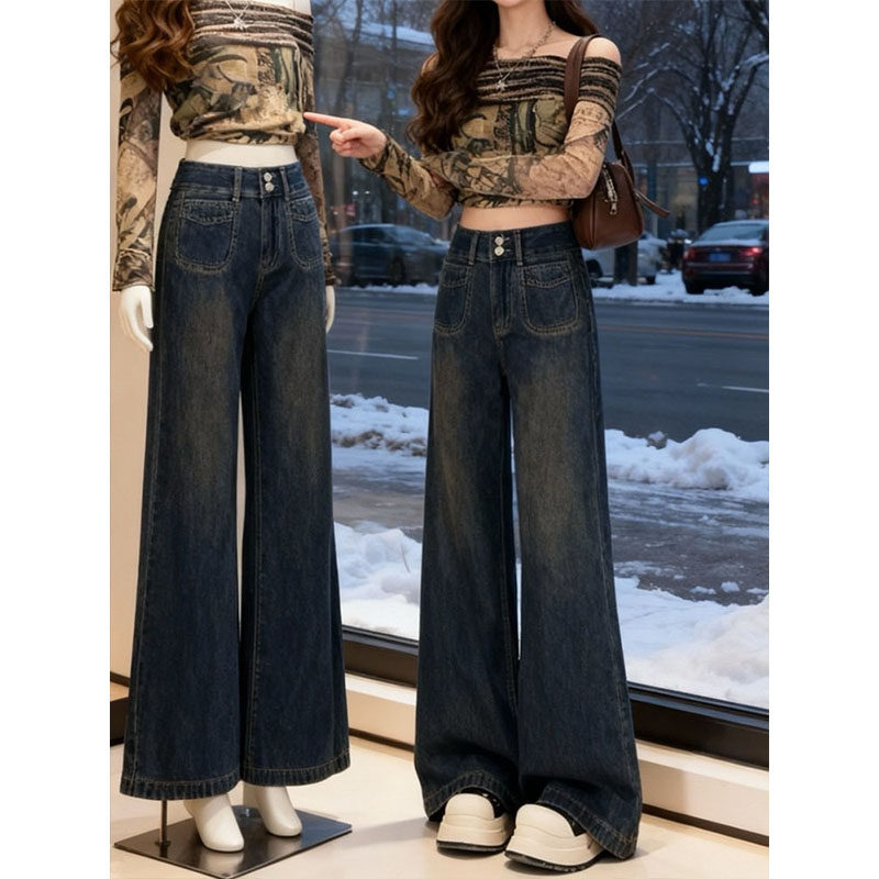 加绒加厚阔腿牛仔裤女2025秋冬新款复古宽松慵懒垂感高腰直筒裤子,女装/女士精品,牛仔裤,淘宝优惠券,粉丝福利购,淘宝优惠卷