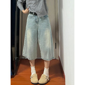 阔腿牛仔七分短裤 子宽松bf慵懒风直筒五分中裤 女夏季 裤 子 新款 大码