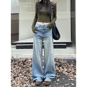 设计感渐变高腰宽松直筒裤 春季 子 女2026新款 浅蓝色烫钻阔腿牛仔裤
